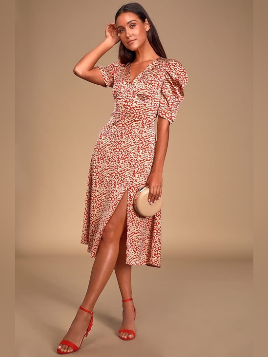 Lulus Dresses & Skirts - Lulu’s Simply Love Beige and Red Leopard Print Satin Midi Dress Lulus Small